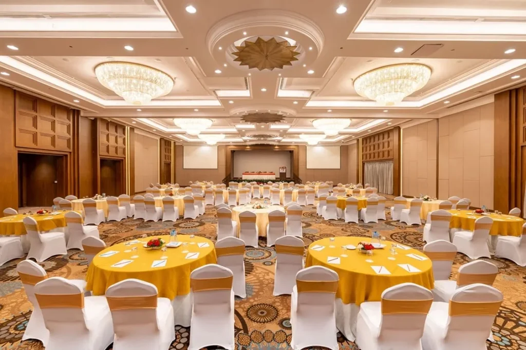 Large wedding celebration at Soaltee Kathmandu with grand ballrooms and gardens, offering packages for different wedding price ranges.